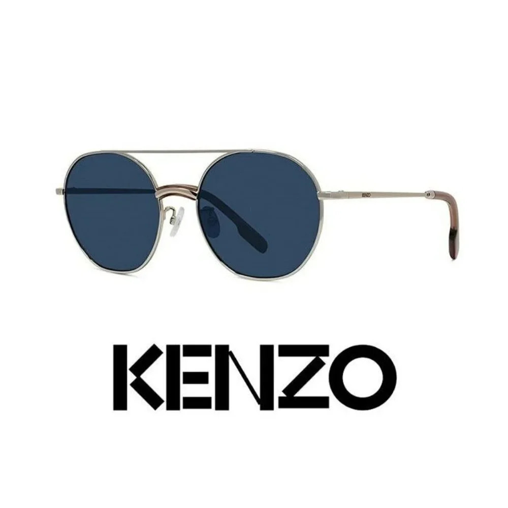 Kenzo KZ40097U Unisex Brow Bar Round Metal Gold & Blue Lens Sunglasses MSRP $180